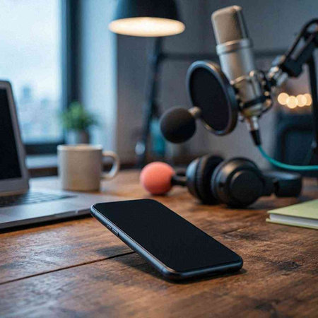 Smartphone on a table with a microphone and headphones on the background