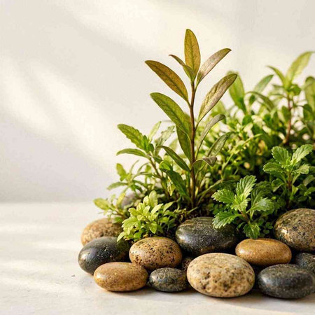 Spa stones and herbs on white background with shadows. Copy space.