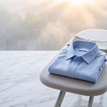 Folded blue shirt on a white chair. Selective focus.