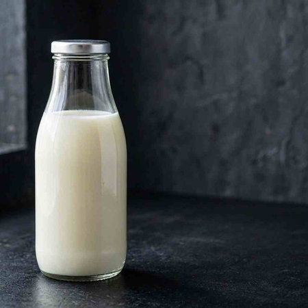 Bottle of fresh milk on a black background. Copy space.