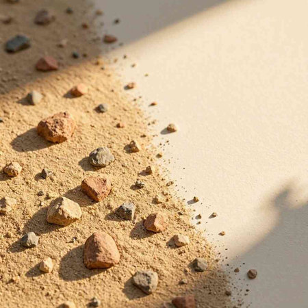 Granite pebbles on the sand in sunny day.