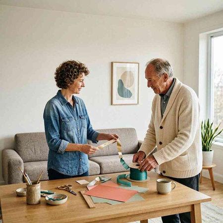 Elderly couple at home, painting a picture in their living room