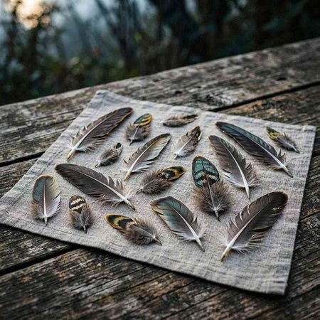 Beautiful feathers on a wooden table in the forest. Selective focus.