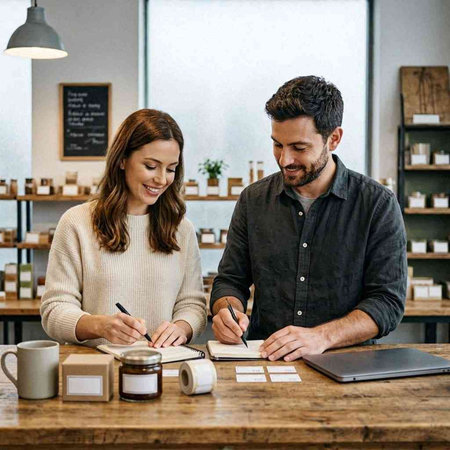 Couple Working Coffee Shop Lifestyle Cheerful Smiling Concept