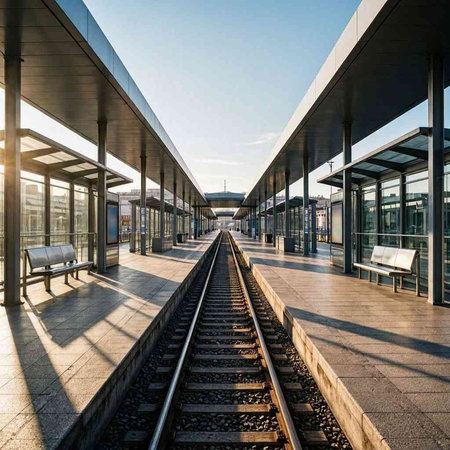 Railway station in the evening. Perspective view of the railway station.