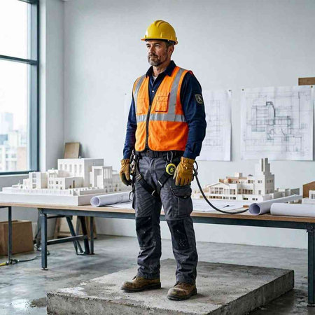 Front view of Caucasian male construction engineer in hardhat and reflective vest standing with safety equipment and looking at camera. Construction concept
