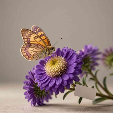 butterfly on a purple flower on a gray background with a card