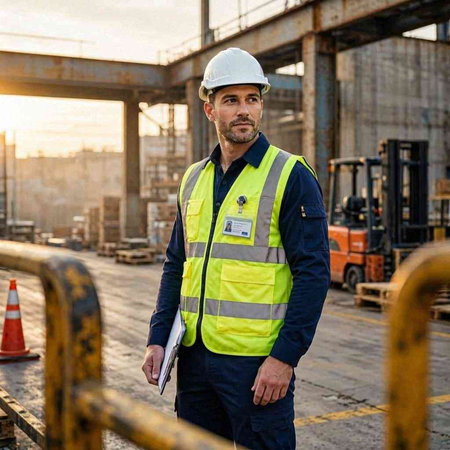 Portrait of a Caucasian male engineer on the background of an industrial construction site.