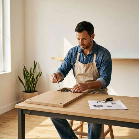 Carpenter working on a wood plank at his desk in his workshop