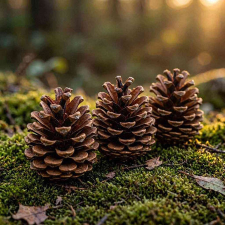 Pine cones on moss in the forest. Selective focus.