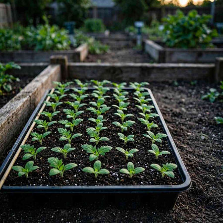 A vertical low angle shot of a small seedlings growing in a box