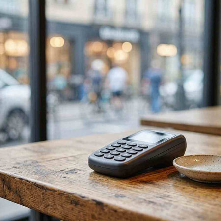 Mobile phone on a wooden table in a cafe in Paris, France