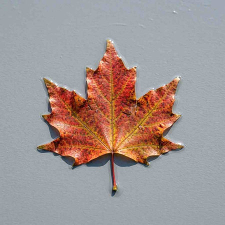 Autumn maple leaf on a gray background. Flat lay, top view.