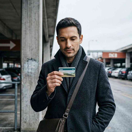 Handsome man with a credit card in his hands. A man with a beard in a black coat and a brown leather bag.