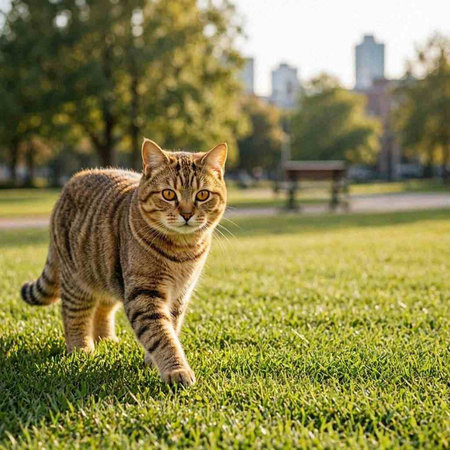 Cute cat walking on the grass in the city park at sunset