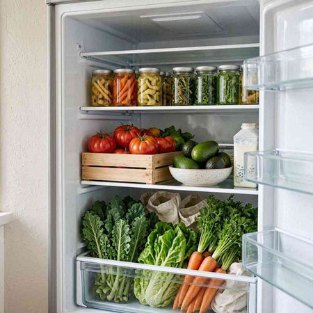 Refrigerator full of healthy food, vegetables, fruits and dairy products