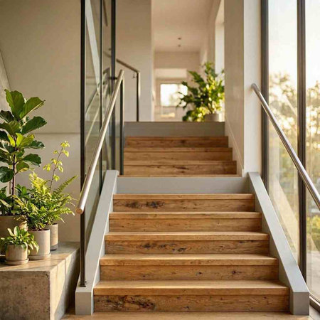 Staircase in a modern office building, stairs and plants.