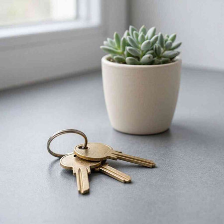Keychain with keys on the windowsill. Housewarming concept.