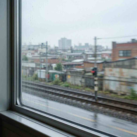 View from the window of a train station on a rainy day.
