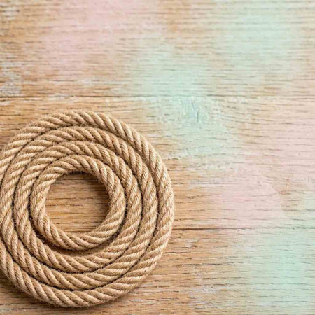 rope on wooden background with space for your text, top view
