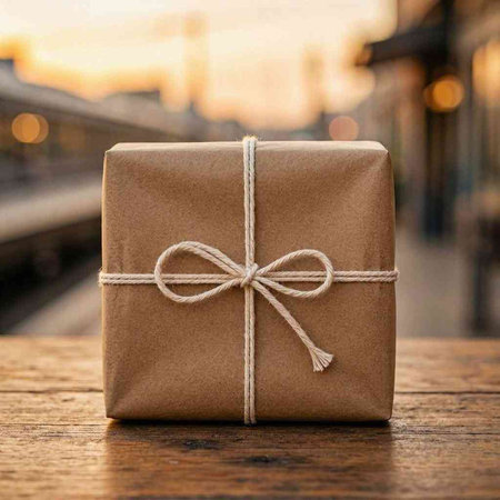 Gift box on wooden table in front of blurred city background.