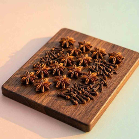 Star anise and cloves on a wooden board on a white background