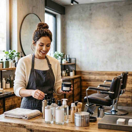 Smiling young female barista holding a jar of cream while standing in a barbershop