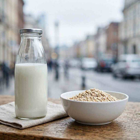 Oat flakes in a bowl and a bottle of milk on a wooden table