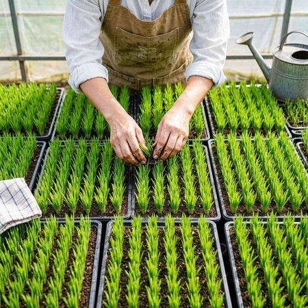 Cropped image of female gardener working with seedlings in greenhouse