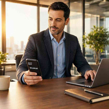 Handsome young businessman using his mobile phone while working at a desk in an office