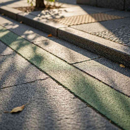 Cobblestone walkway in the park with shadow of tree
