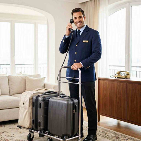 Handsome hotel receptionist with luggage talking on the phone.