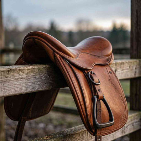 A closeup shot of a saddle on a wooden fence in the countryside