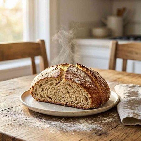 Freshly baked sourdough bread on a rustic wooden table