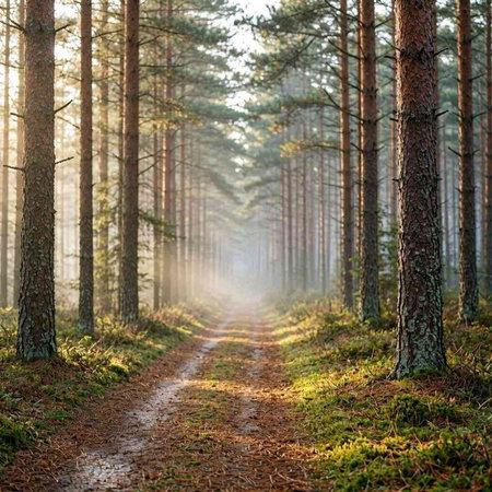 Path in the pine forest in the morning. Sun rays through the trees.