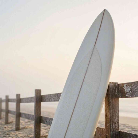 Surfboard on the beach at sunset. Copy space for your text.