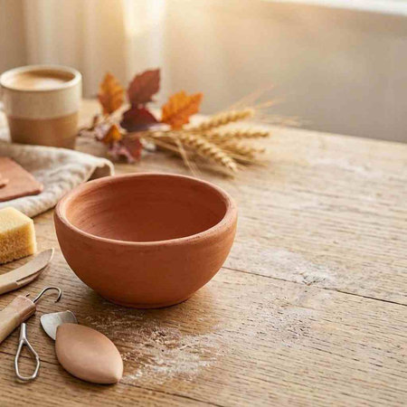 A clay bowl on a wooden table next to a cup of coffee