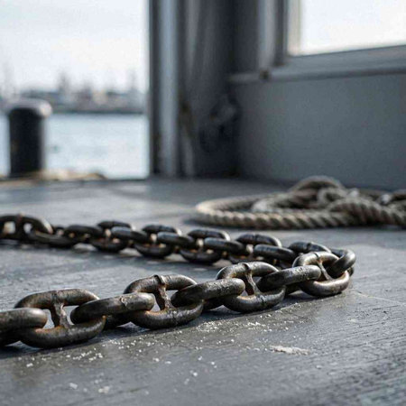 A closeup shot of a metal chain on the deck of a ship