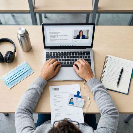 High angle view of man using laptop while sitting at desk in office