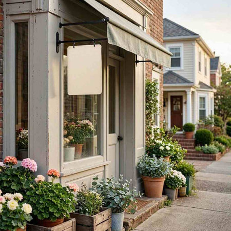 Empty sign in front of a house with flower pots and plants.