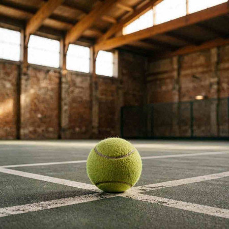 Tennis ball on court with brick wall as background, sport concept