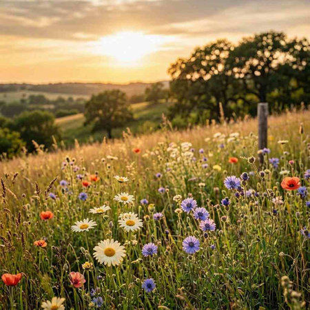 Wildflowers in the meadow at sunset. Summer landscape.