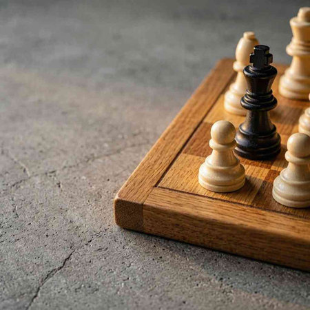 Chess pieces on a wooden board. Black and white figures on a gray background.