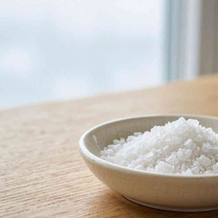 Sea salt in a bowl on a wooden table. Selective focus.