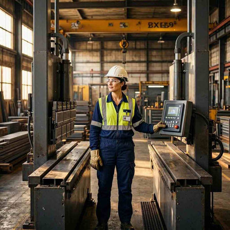Portrait of a female factory worker standing in front of a machine