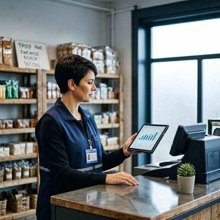 Female cashier using a digital tablet computer in a coffee shop.