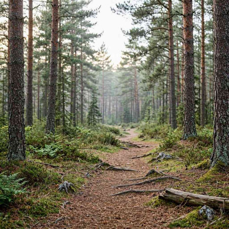 Pathway in the forest. Trail in the coniferous forest.