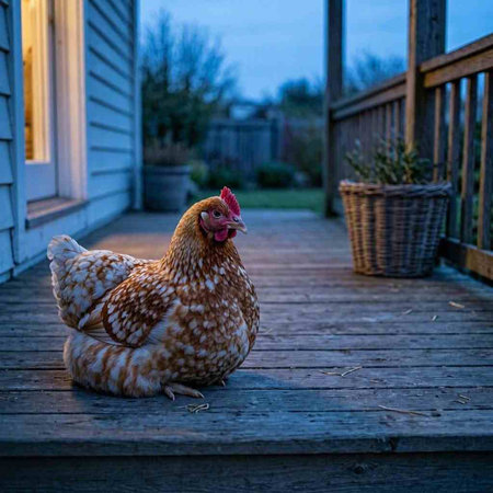 A red and white chicken sits on a wooden porch in the evening.