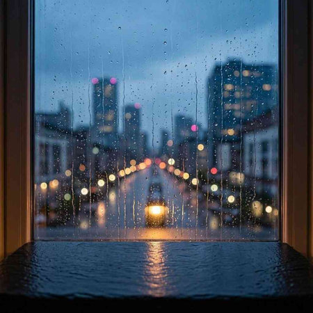 Rain drops on the window with a view of the city at night