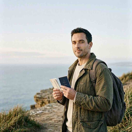 Handsome man with backpack looking at camera while standing on the cliff